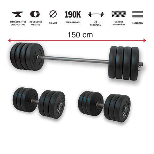 GazoFitness® Hardcore Szett 77 Kg / 150 cm hosszú rúddal/