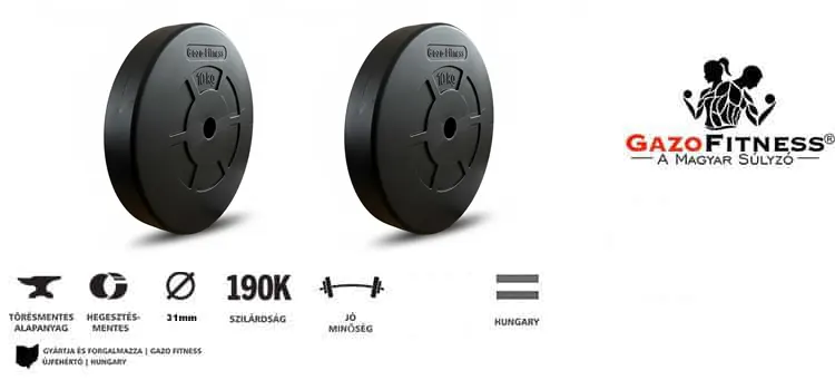 GazoFitness® Súlytárcsa 2x10 Kg( Össz: 20kg) – fő jellemzők, magyar gyártás (GazoFitness®, Újfehértó)
