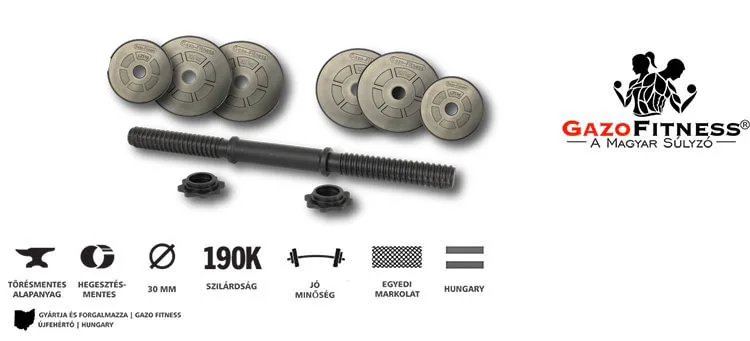 GazoFitness® Állítható 14 kg-os Kézi Súlyzó (Menetes Súlyzórúddal) – fő jellemzők, magyar gyártás (GazoFitness®, Újfehértó)