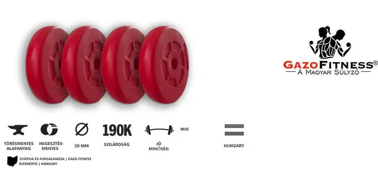 GazoFitness® Súlytárcsa 4x2,5 Kg (10 Kg) (Piros) – fő jellemzők, magyar gyártás (GazoFitness®, Újfehértó)