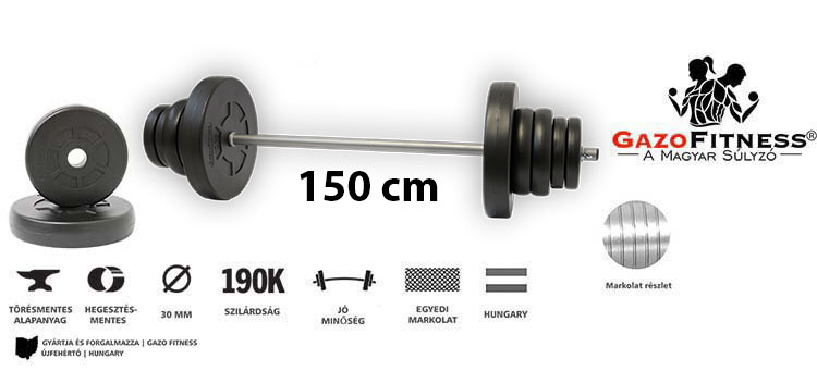 GazoFitness® Kétkezes Súlyzó 39,5 Kg (150 cm Hosszú Rúddal) – fő jellemzők, magyar gyártás (GazoFitness®, Újfehértó)