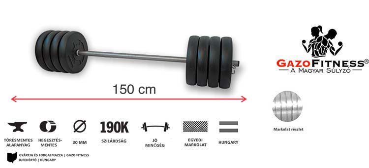 GazoFitness® Kétkezes Súlyzó 45Kg /150 cm hosszú rúddal/ – fő jellemzők, magyar gyártás (GazoFitness®, Újfehértó)