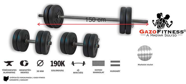 GazoFitness® Hardcore Szett 45 Kg /150 cm hosszú rúddal/ – fő jellemzők, magyar gyártás (GazoFitness®, Újfehértó)