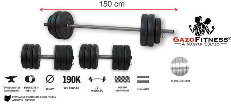 GazoFitness® Hardcore Szett 60 Kg / 150 cm hosszú rúddal/ – fő jellemzők, magyar gyártás (GazoFitness®, Újfehértó)