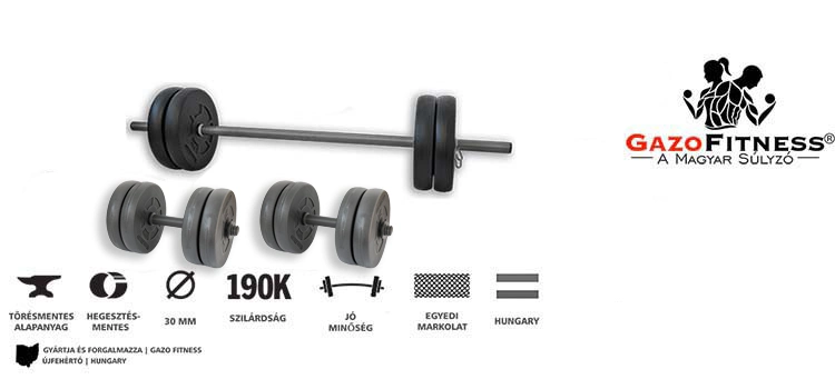 GazoFitness® Hardcore Szett 45 Kg (Menetes kézisúlyzórúddal) – fő jellemzők, magyar gyártás (GazoFitness®, Újfehértó)