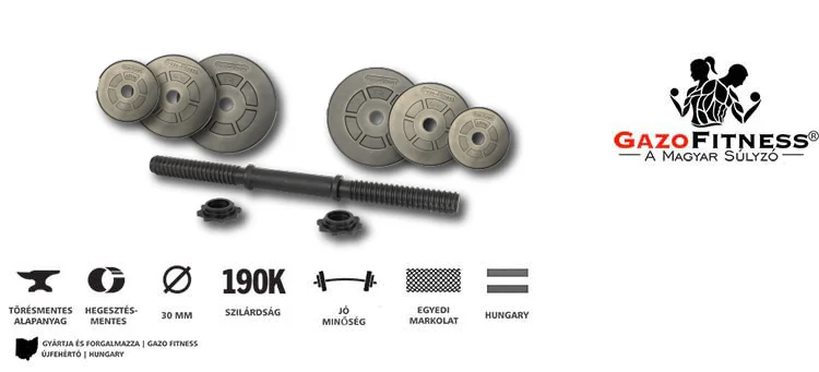 GazoFitness® Kézi Súlyzó 1 x 19Kg(Össz:19Kg.)Menetes súlyzórúddal – fő jellemzők, magyar gyártás (GazoFitness®, Újfehértó)