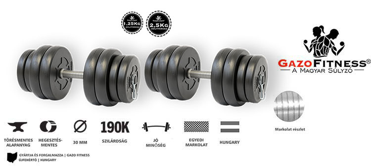 GazoFitness® Kézi Súlyzó 2 x 16 Kg (2,5kg és 1,25kg tárcsákkal) – fő jellemzők, magyar gyártás (GazoFitness®, Újfehértó)
