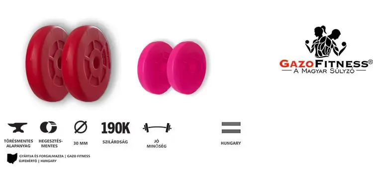GazoFitness® Súlytárcsa 2 x 1,25 Kg, 2 x 2,5 (Össz: 7,5 Kg) (Piros - Rózsaszín) – fő jellemzők, magyar gyártás (GazoFitness®, Újfehértó)