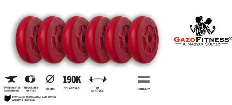 GazoFitness® Súlytárcsa 6x2,5 Kg (15 Kg) (Piros) – fő jellemzők, magyar gyártás (GazoFitness®, Újfehértó)