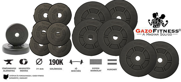 GazoFitness® Súlytárcsa Csomag  37,5 Kg – fő jellemzők, magyar gyártás (GazoFitness®, Újfehértó)