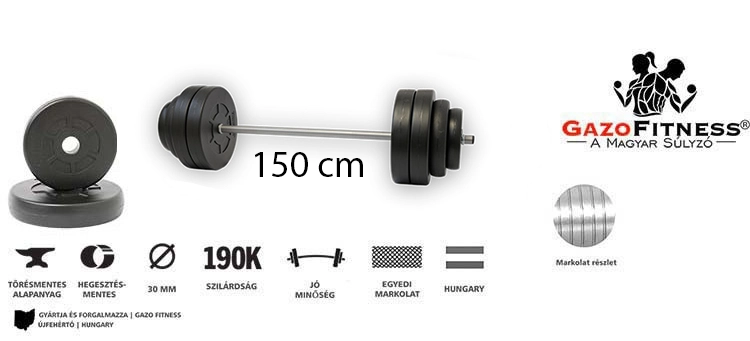 GazoFitness® Kétkezes Súlyzó 57 Kg (150 cm hosszú rúd) – fő jellemzők, magyar gyártás (GazoFitness®, Újfehértó)