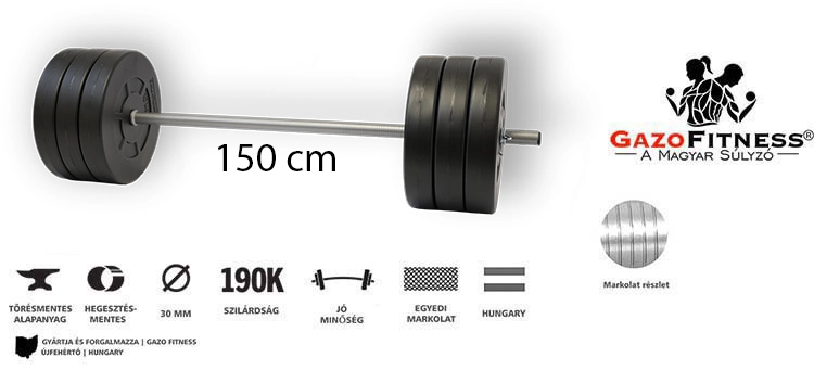 GazoFitness® Kétkezes Súlyzó 67 Kg (150 cm hosszú rúd) – fő jellemzők, magyar gyártás (GazoFitness®, Újfehértó)