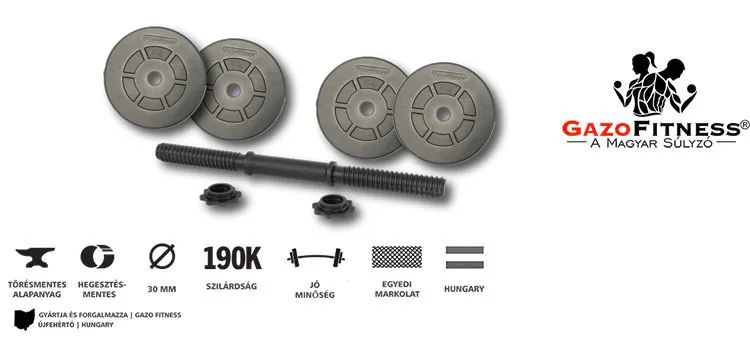 GazoFitness® Kézi Súlyzó 1x21,5 Kg.(Össz:21,5Kg)Menetes súlyzórúddal – fő jellemzők, magyar gyártás (GazoFitness®, Újfehértó)