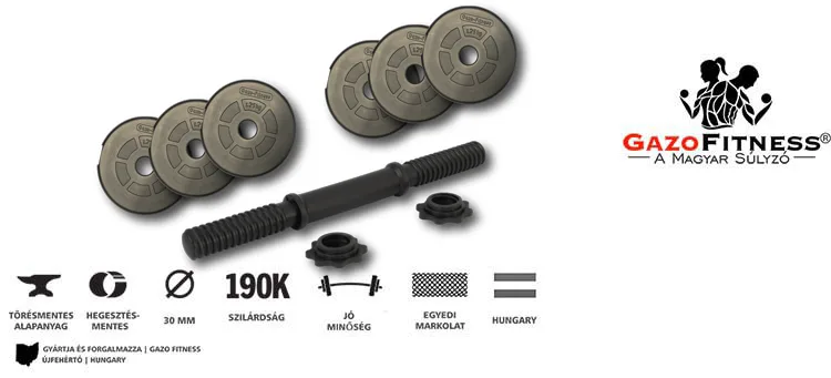 GazoFitness® Kézi Súlyzó 1x8,5Kg(Össz:8,5Kg)Menetes súlyzórúddal – fő jellemzők, magyar gyártás (GazoFitness®, Újfehértó)