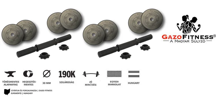 GazoFitness® Kézi Súlyzó 2 x 11,5 Kg.(Össz 23Kg)Menetes súlyzórúddal – fő jellemzők, magyar gyártás (GazoFitness®, Újfehértó)