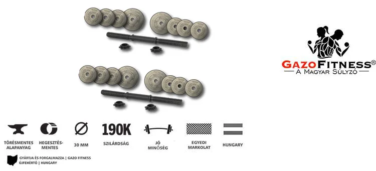 GazoFitness® Kézi Súlyzó 2 x 15Kg.(Össz: 30Kg)Menetes súlyzórúddal – fő jellemzők, magyar gyártás (GazoFitness®, Újfehértó)