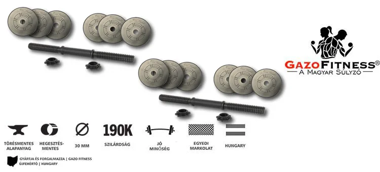 KIEMELT AKCIÓ! GazoFitness® Kézi Súlyzó 2 x 16,5Kg.(Össz: 33Kg.)Menetes súlyzórúddal – fő jellemzők, magyar gyártás (GazoFitness®, Újfehértó)