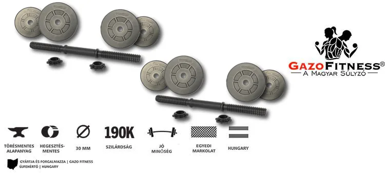 GazoFitness® Kézi Súlyzó 2 x 16,5Kg.(Össz: 33Kg)Menetes súlyzórúddal – fő jellemzők, magyar gyártás (GazoFitness®, Újfehértó)