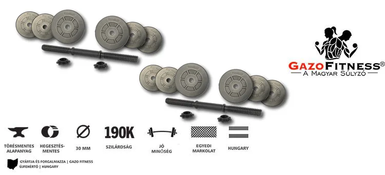 GazoFitness® Kézi Súlyzó 2 x 21,5Kg.(Össz: 43Kg.)Menetes súlyzórúddal – fő jellemzők, magyar gyártás (GazoFitness®, Újfehértó)