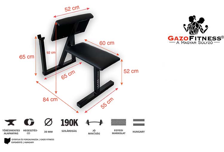 GazoFitness® Scott Pad + Egyenes rudas Súlyzó/Össz: 33 Kg/ – fő jellemzők, magyar gyártás (GazoFitness®, Újfehértó) (1/2)