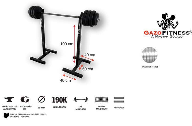 GazoFitness® Hardcore Készlet (Mobil Súlytartó állvány + Egyenes rudas súlyzó 39 Kg) – fő jellemzők, magyar gyártás (GazoFitness®, Újfehértó) (1/2)