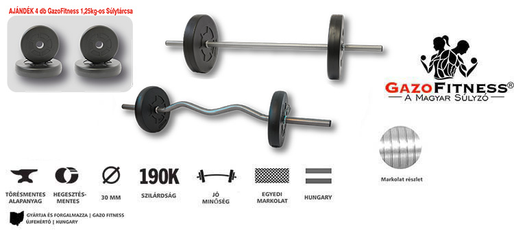 GazoFitness® Egyenesrudas és Franciarudas Készlet (Össz: 35 kg) Ajándék 4 db 1,25 Kg-os Súlytárcsa – fő jellemzők, magyar gyártás (GazoFitness®, Újfehértó)
