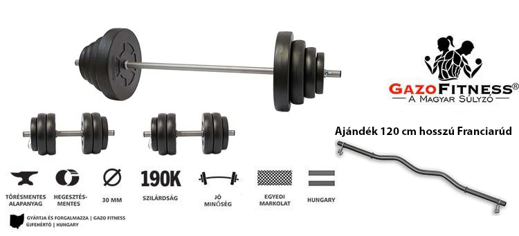 GazoFitness® Hardcore Készlet 67,5 Kg ( Ajándék 120 cm hosszú Franciarúd) – fő jellemzők, magyar gyártás (GazoFitness®, Újfehértó)