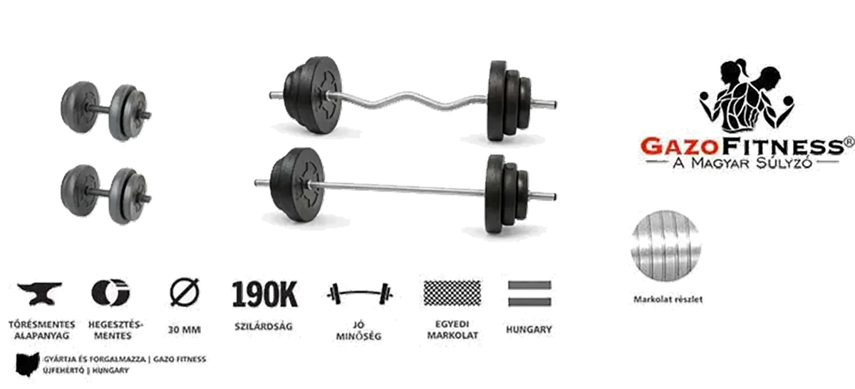 GazoFitness Hardcore készlet – 85 kg súlytárcsa, 120 cm egyenes rúd, francia rúd és két kézisúlyzó rúd