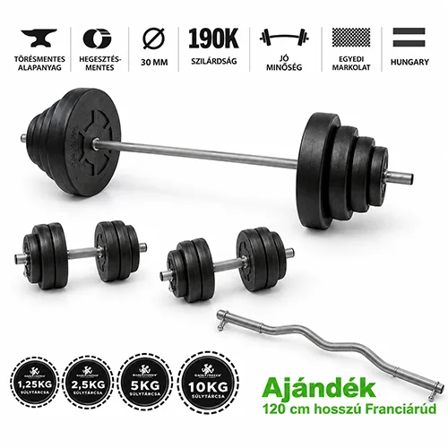 GazoFitness Hardcore súlyzókészlet 67,5 kg franciarúddal és súlytárcsákkal