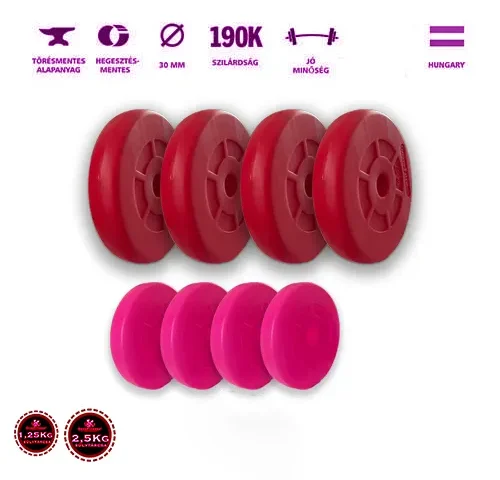 GazoFitness® Súlytárcsa 4 x 1,25 Kg - 4 x 2,5 Kg (15 Kg) (Piros- Rózsaszín)