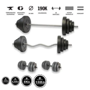 Gazo Fitness hardcore súlyzókészlet 106 kg, kétkezes rúddal, francia rúddal, kézi súlyzó párral és különböző súlytárcsákkal