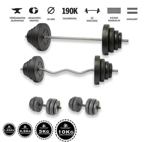 Gazo Fitness hardcore súlyzókészlet 106 kg, kétkezes rúddal, francia rúddal, kézi súlyzó párral és különböző súlytárcsákkal