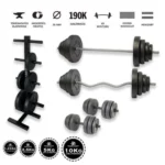 Gazo Fitness hardcore súlyzókészlet 106 kg, kétkezes rúddal, francia rúddal, kézi súlyzó párral és különböző súlytárcsákkal