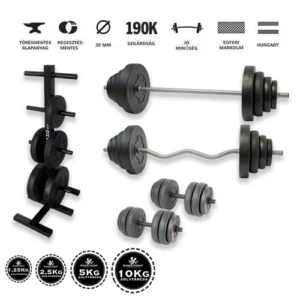 Gazo Fitness hardcore súlyzókészlet 106 kg, kétkezes rúddal, francia rúddal, kézi súlyzó párral és különböző súlytárcsákkal