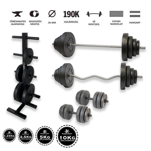 Gazo Fitness hardcore súlyzókészlet 106 kg, kétkezes rúddal, francia rúddal, kézi súlyzó párral és különböző súlytárcsákkal