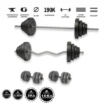 Gazo Fitness hardcore súlyzókészlet 106 kg, kétkezes rúddal, francia rúddal, kézi súlyzó párral és különböző súlytárcsákkal