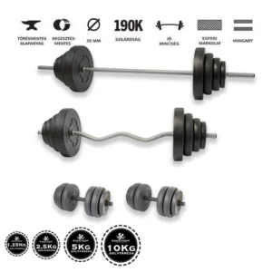 Gazo Fitness hardcore súlyzókészlet 106 kg, kétkezes rúddal, francia rúddal, kézi súlyzó párral és különböző súlytárcsákkal