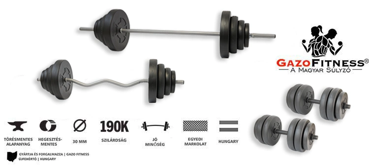 Gazo Fitness Hardcore csomag 106 kg – kétkezes rúd, francia rúd, kézi súlyzó pár és súlytárcsák Gazo Fitness hardcore súlyzókészlet 108 kg, kétkezes rúddal, francia rúddal, kézi súlyzó párral és különböző súlytárcsákkal