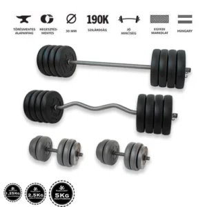 Gazo Fitness hardcore súlyzós csomag 112 kg kétkezes rúddal, francia rúddal és 1 pár kézi súlyzóval, 2,5 és 5 kg-os tárcsákkal