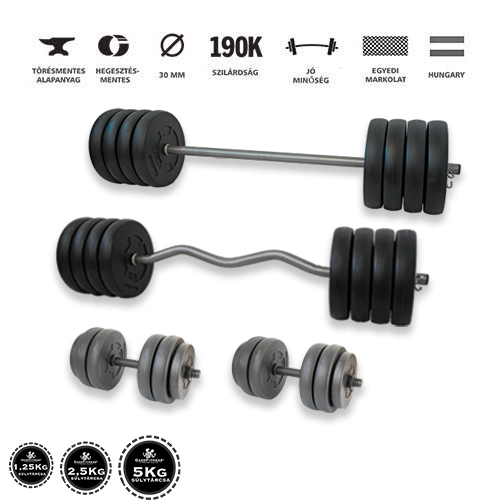 Gazo Fitness hardcore súlyzós csomag 112 kg kétkezes rúddal, francia rúddal és 1 pár kézi súlyzóval, 2,5 és 5 kg-os tárcsákkal