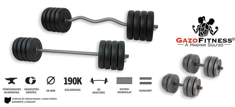 Gazo Fitness hardcore súlyzós csomag 112 kg kétkezes rúddal, francia rúddal és 1 pár kézi súlyzóval, 2,5 és 5 kg-os tárcsákkal