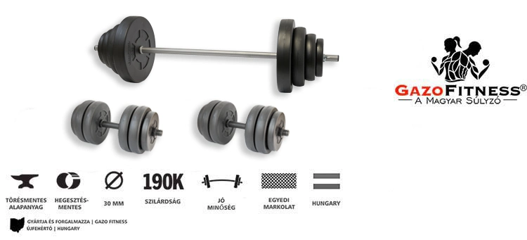 Gazo Fitness Hardcore csomag 67,5 kg – kétkezes rúd és 1 pár kézi súlyzó Gazo Fitness hardcore súlyzókészlet 67,5 kg, kétkezes rúddal és kézi súlyzó párral otthoni edzéshez