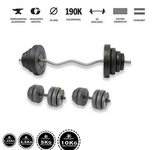 Gazo Fitness hardcore súlyzókészlet 67,5 kg, francia rúddal és kézi súlyzó párral otthoni edzéshez