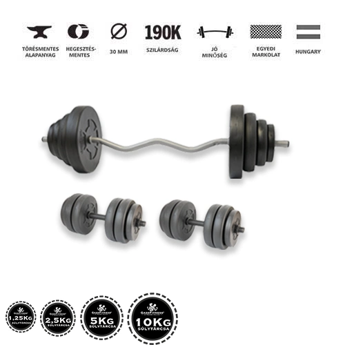 Gazo Fitness hardcore súlyzókészlet 67,5 kg, francia rúddal és kézi súlyzó párral otthoni edzéshez