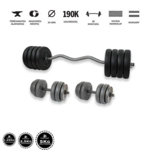 Gazo Fitness hardcore súlyzós csomag 70 kg kétkezes rúddal, francia rúddal és 1 pár kézi súlyzóval, 1,25–5 kg súlytárcsákkal