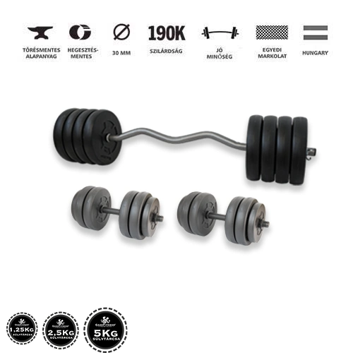 Gazo Fitness hardcore súlyzós csomag 70 kg kétkezes rúddal, francia rúddal és 1 pár kézi súlyzóval, 1,25–5 kg súlytárcsákkal