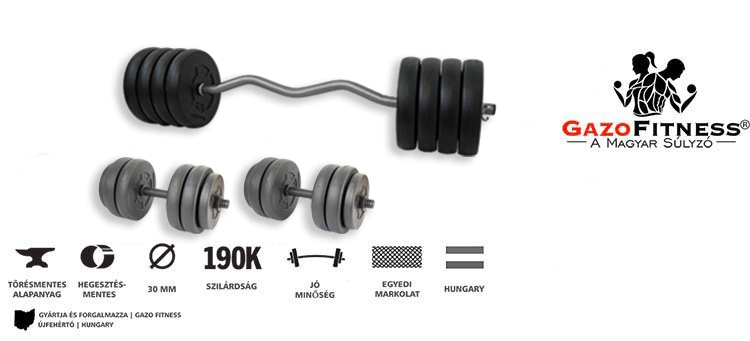 Gazo Fitness hardcore súlyzós csomag 70 kg kétkezes rúddal, francia rúddal és 1 pár kézi súlyzóval, 1,25–5 kg súlytárcsákkal