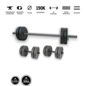 Gazo Fitness hardcore súlyzókészlet 45 kg, 120 cm-es kétkezes rúddal, kézi súlyzó párral és súlytárcsákkal