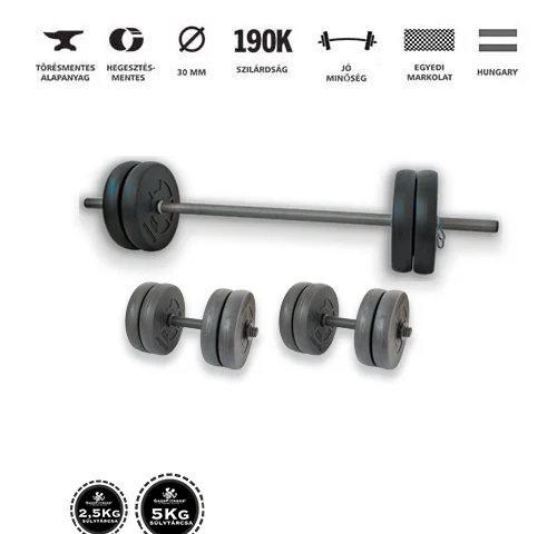 Gazo Fitness hardcore súlyzókészlet 45 kg, 120 cm-es kétkezes rúddal, kézi súlyzó párral és súlytárcsákkal