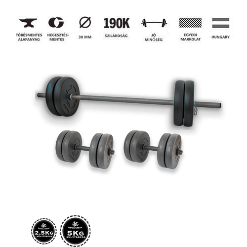 Gazo Fitness Hardcore csomag 45 kg – 120 cm kétkezes rúd, kézi súlyzó pár és súlytárcsák Gazo Fitness hardcore súlyzókészlet 45 kg, 120 cm-es kétkezes rúddal, kézi súlyzó párral és súlytárcsákkal